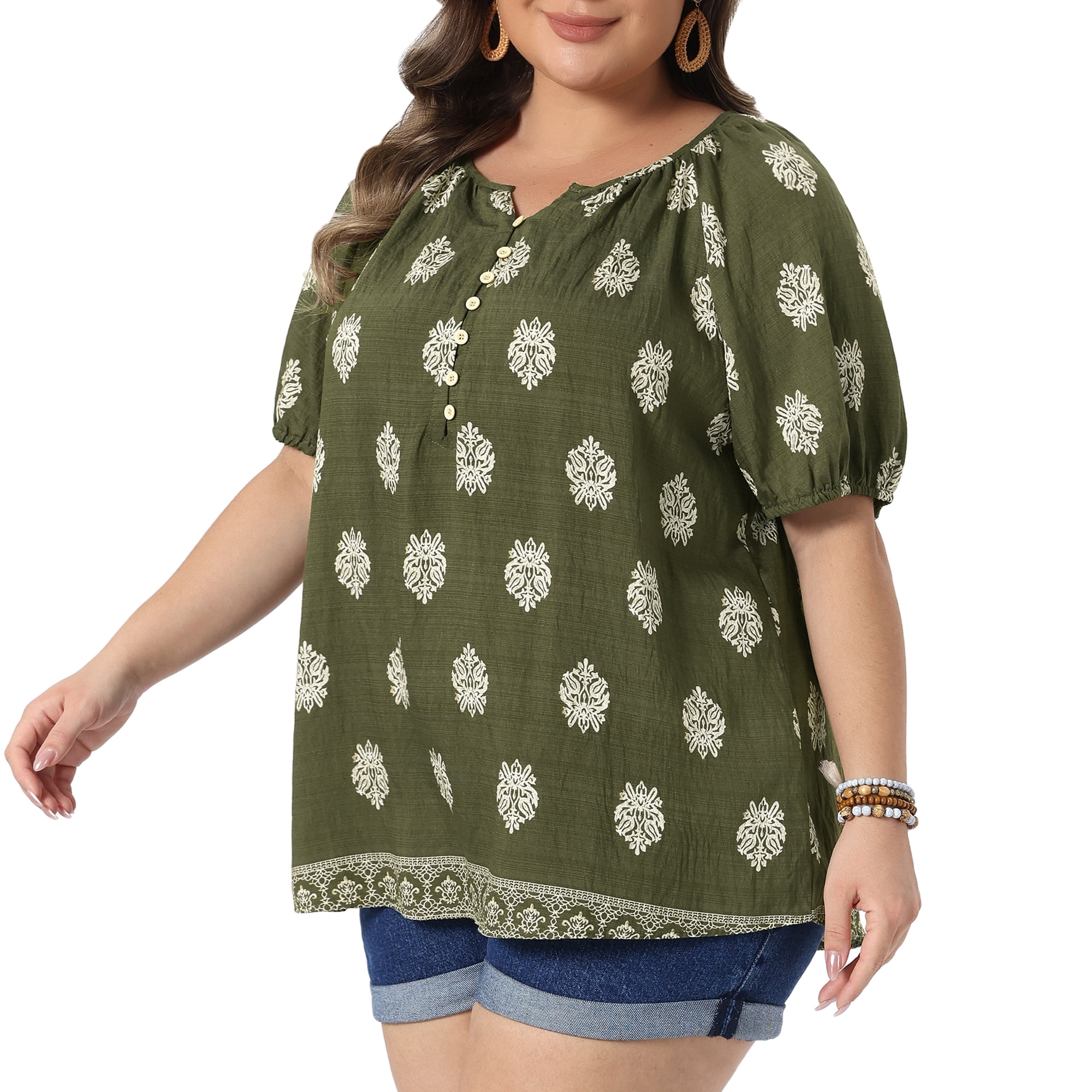DARING DIVA Women's Plus Summer Top V Neck Short Sleeve Blouses 2X Army Green