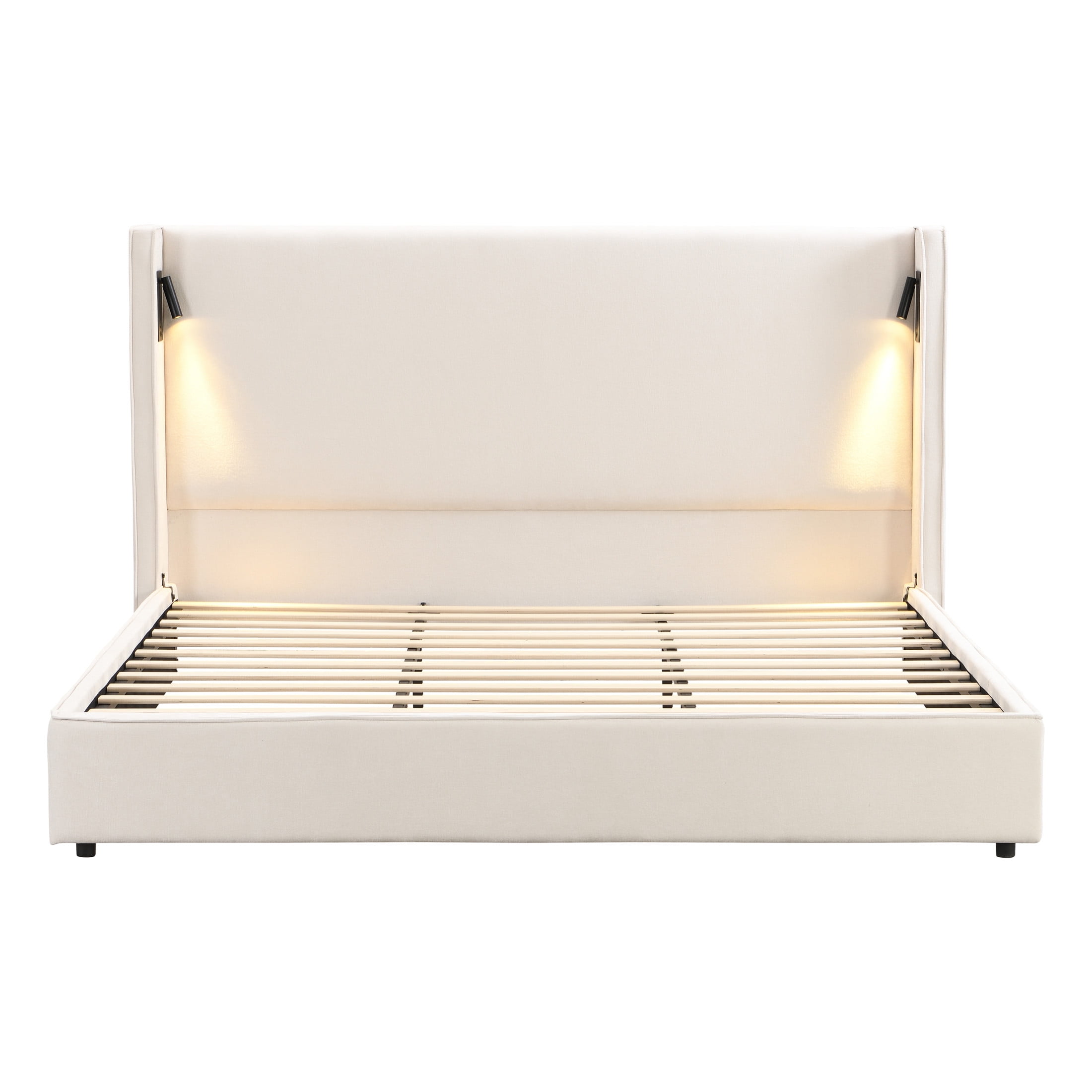 Carys Modern King Boucle Upholstered Bed, Platform Bed with Wingback Headboard, White