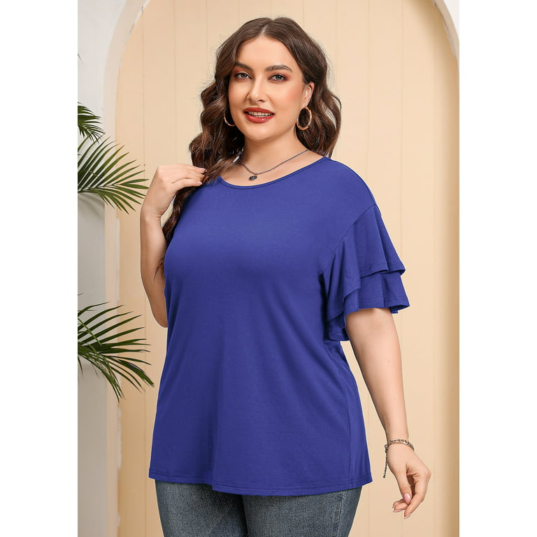 Plus Size Tunic for Women Double Ruffle Short Sleeve Clothes Loose Fit  Clothing Flowy Shirts Summer Tops
