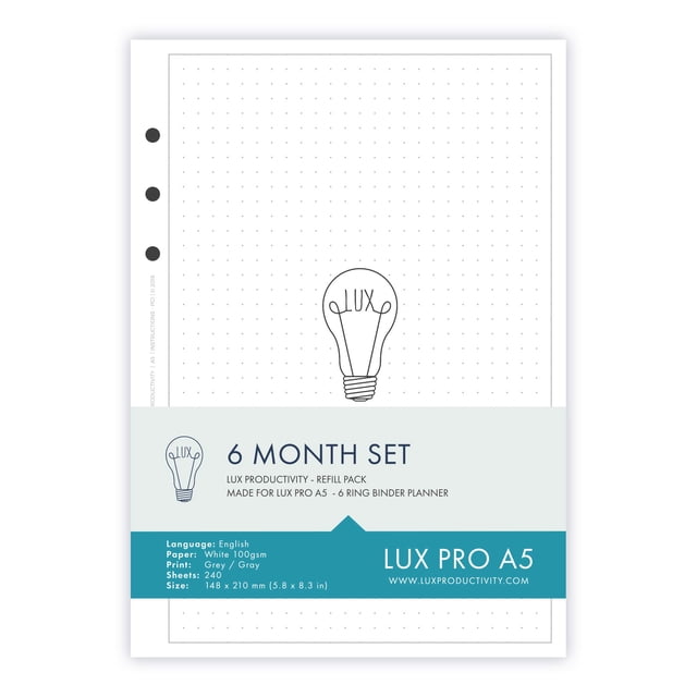 LUX PRO A5: Standard 6 month Set - LUX Productivity Refill Pack - Planner Page Inserts - Compatible with the LUX PRO A5 6-Ring Binder Organizer