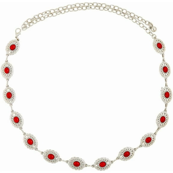 Red Turquoise Oval Chain Western Cowgirl Metal Silver Sparkly Adjustable Summer Belly Chain Link Belts Fashion Belt Jewelry Accessories for Women Dress Wedding Bridal Party Birthday Club Red DIY