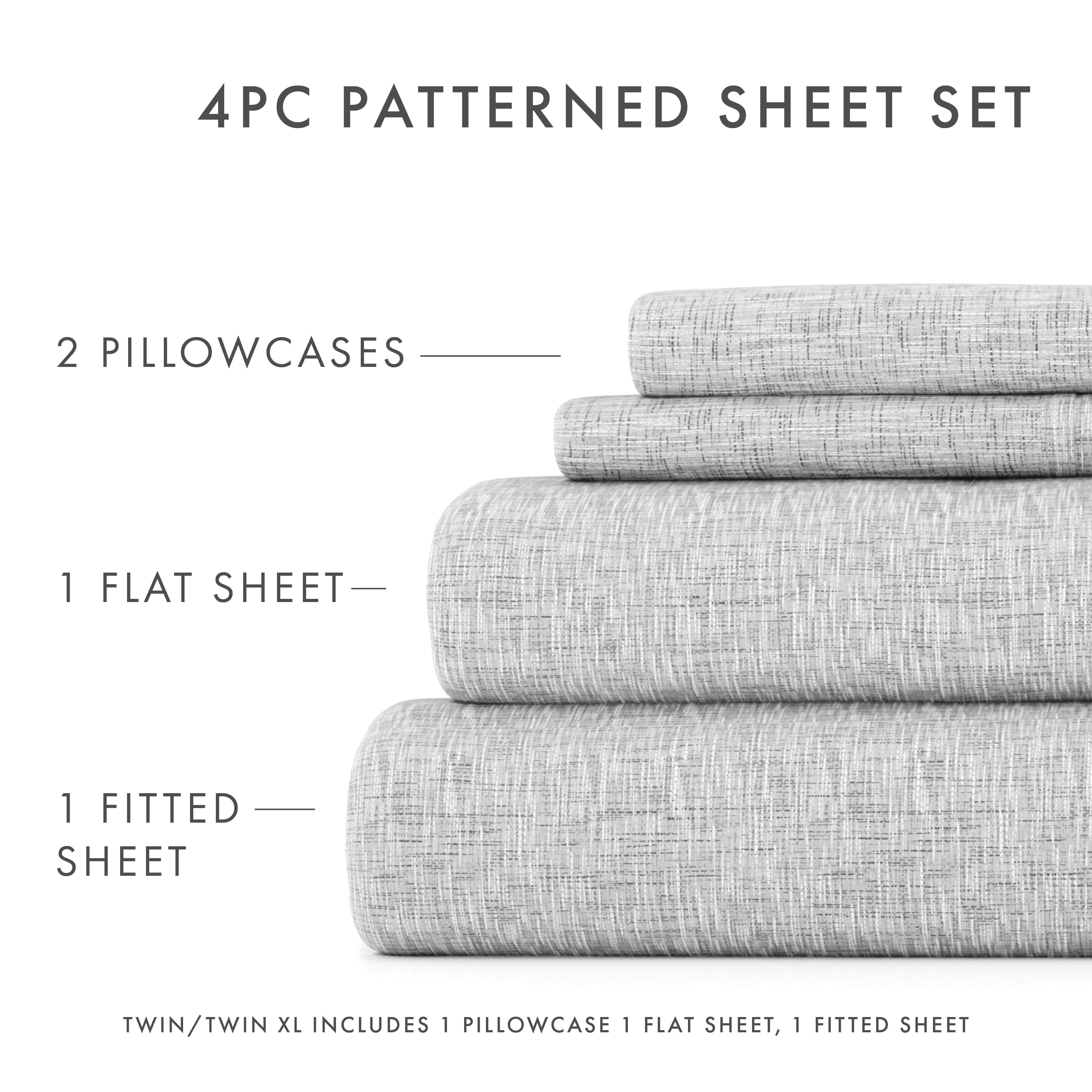 Noble Linens 4 Piece Pattern Microfiber Bed Sheets Set, Light Gray Chambray Style, Full
