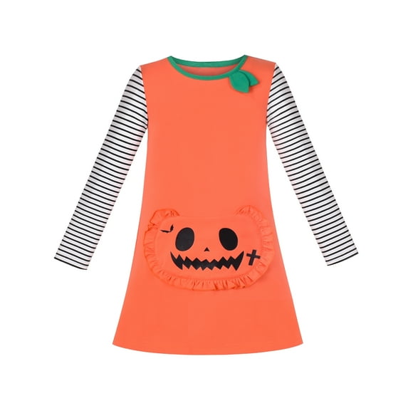 Vestido Tipo Playera para Niñas Halloween Calabaza Bolsillo Grande Manga Larga 4 Años