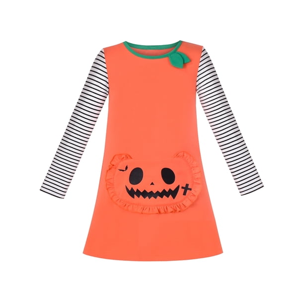 Vestido Tipo Playera para Niñas Halloween Calabaza Bolsillo Grande Manga Larga 7 Años