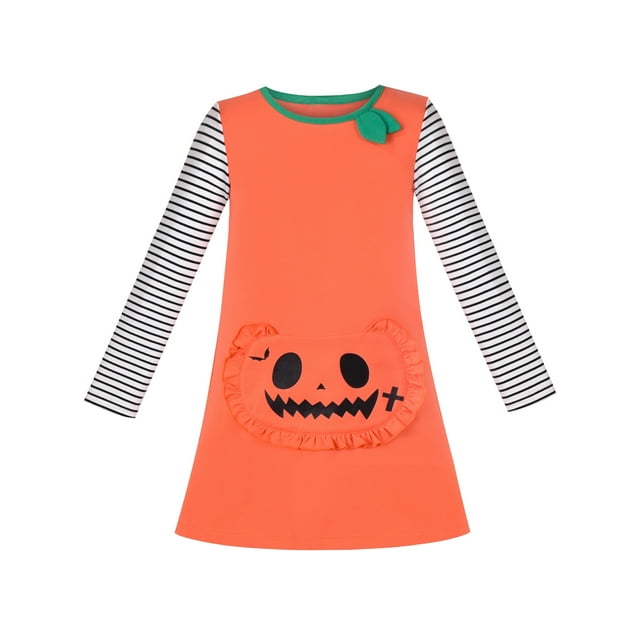 Vestido Tipo Playera para Niñas Halloween Calabaza Bolsillo Grande Manga Larga 4 Años
