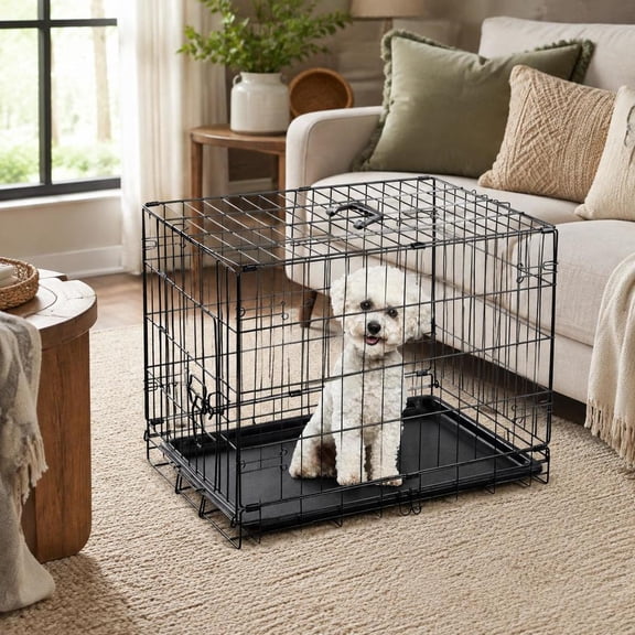 Folding Metal Dog Crate, 24 Inch, Single Door, Collapsible Wire Pet Kennel with Removable Tray for Small Dogs