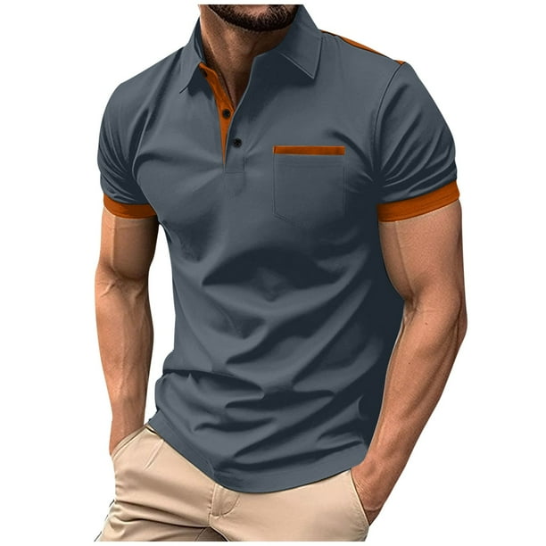 Tops de Verano Ligeros de Manga Corta de los Hombres Cuello Redondo Botón Soporte Cuello Transpirable Casual Tee