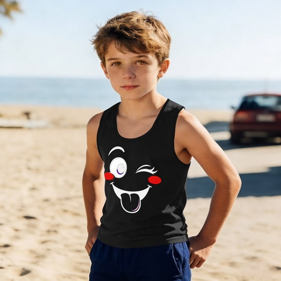 LIBRCLO Kids Tank Tops for Boys Size 12 Years Round Neck Quick Dry Workout Undershirts Casual Fashion Prints Sleeveless T Shirts Hawaiian Tops Black
