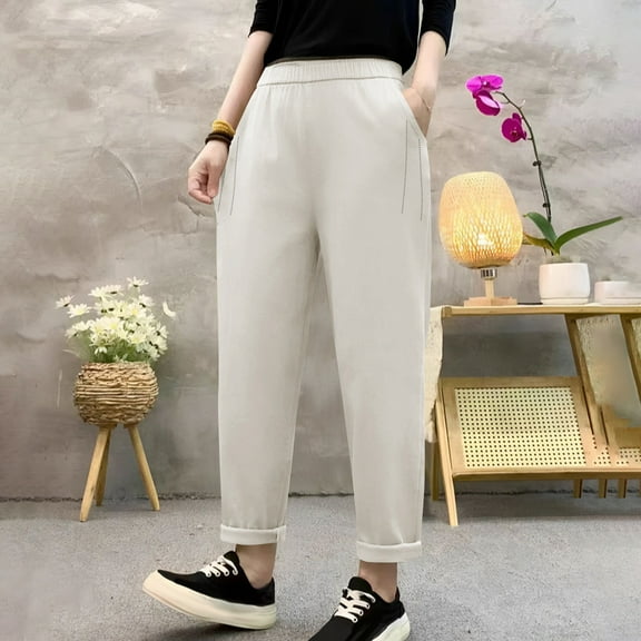 Aobny Beige Hiking Pants Harem Women Baggy Barrel Pants Cuffed Flat Front Ankle Elastic Waist Pants for Women