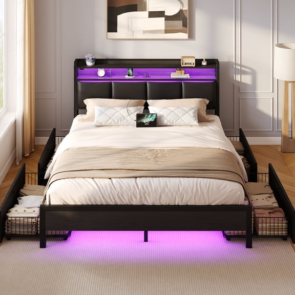 Greenstell Queen Bed with Headboard and Charging Station, Upholstered bed with 4 Drawers and RGB LED Lights,Black
