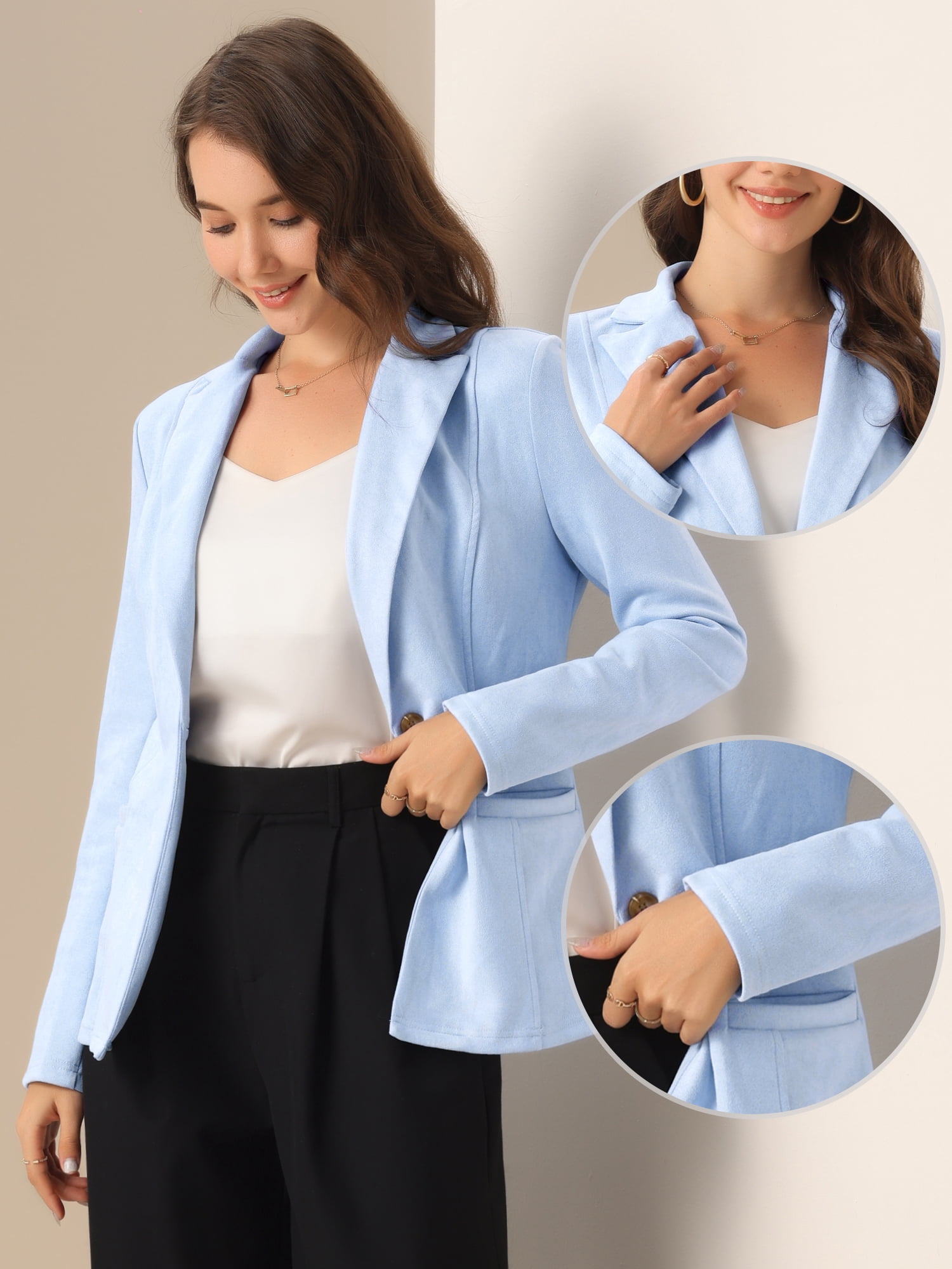 DARING DIVA Lapel Collar Long Sleeve Faux Suede Blazer S Grey Blue