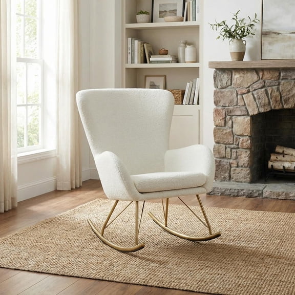 GVN Nursery Rocking Chair Comfortable Glider with Curved Backrest Armrests for Baby Room Bedroom Living Room Nursing Relaxing Furniture, White