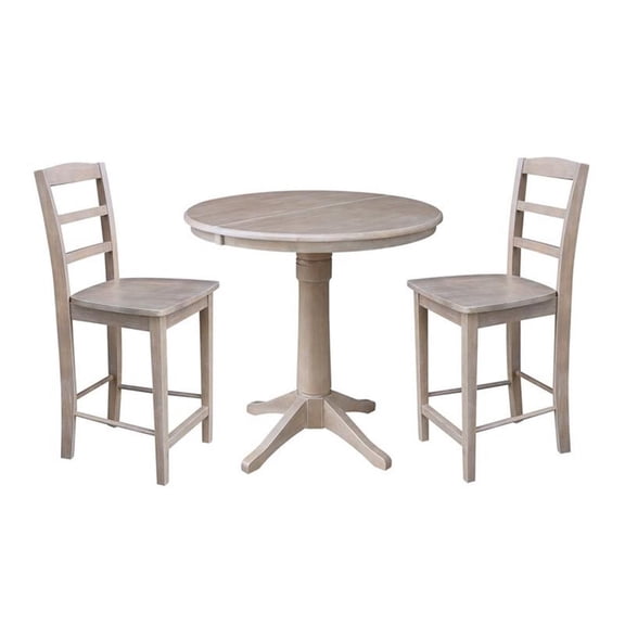 36" Round Counter Height Table with 12" Leaf and 2 Madrid Stools - Washed Gray Taupe - 3 Piece Set