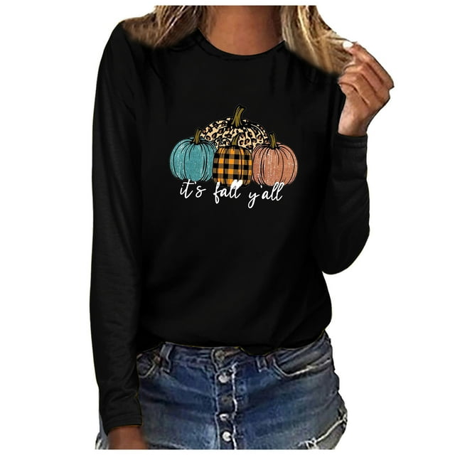 EQWLJWE Chemises à Manches Longues pour Femmes Tsummer C'est l'Automne Yall Femme Col Rond Imprimé Pull Tops Blouse à Manches Longues Vêtements d'Automne pour Femmes