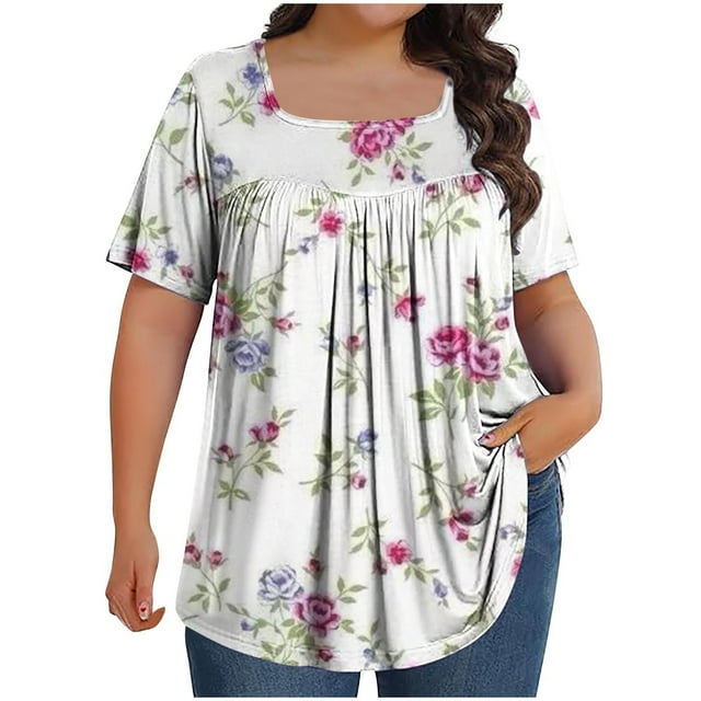 Jusqu'à 50 % de Rabais Horkkom Hauts Grande Taille pour Femmes Chemises à Manches Courtes Plissées à Col Rond à Imprimé Floral Blouses Décontractées d'Été Surdimensionnées