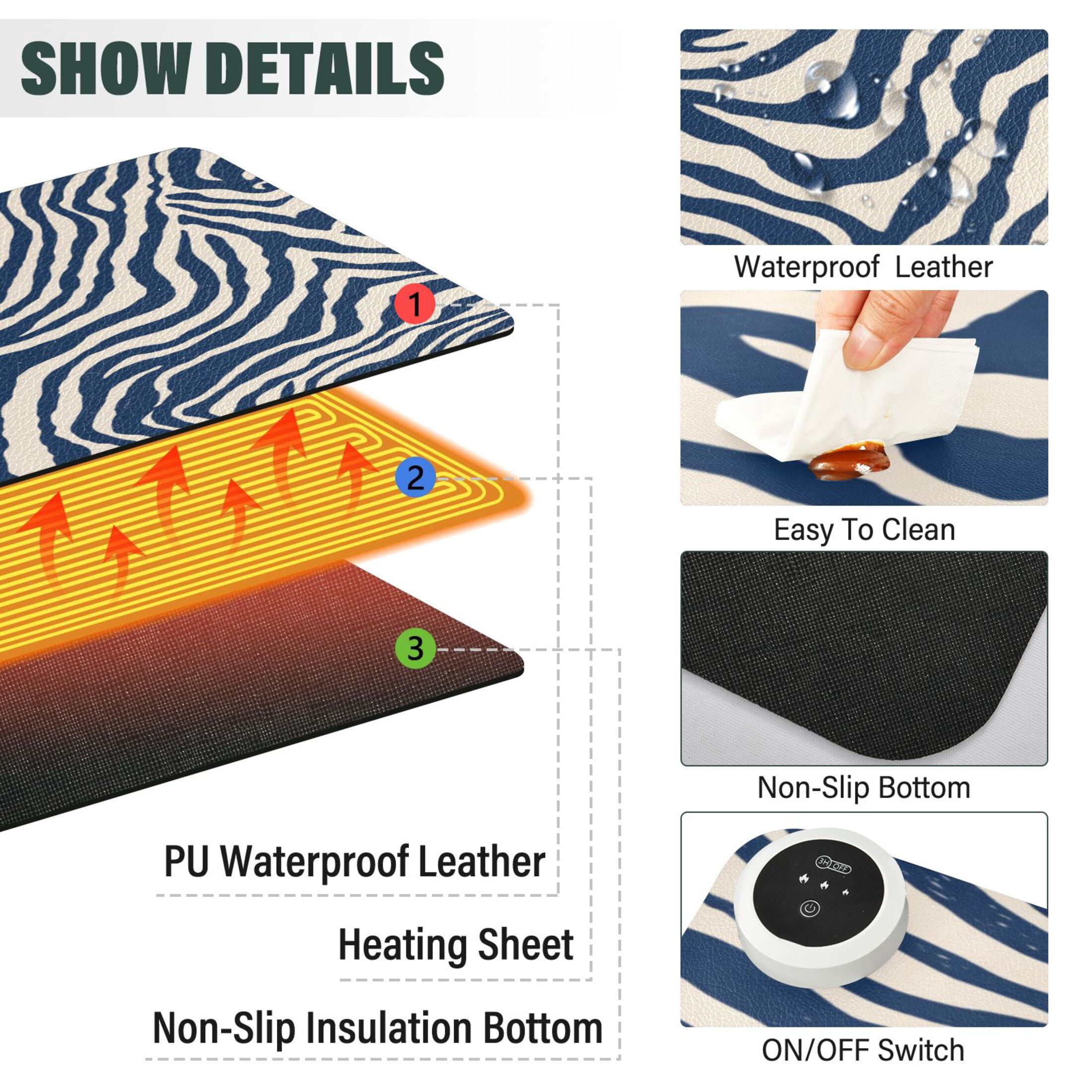 Large Heated Desk Mat Mouse Pad 31.5"x13"PU Leather Graphene Heating Desk Warmer with 3 Temperature Settings 110V US Plug Non-Slip Warm Pad for Home, Office, and Gaming Digital Blue Zebra Stripes