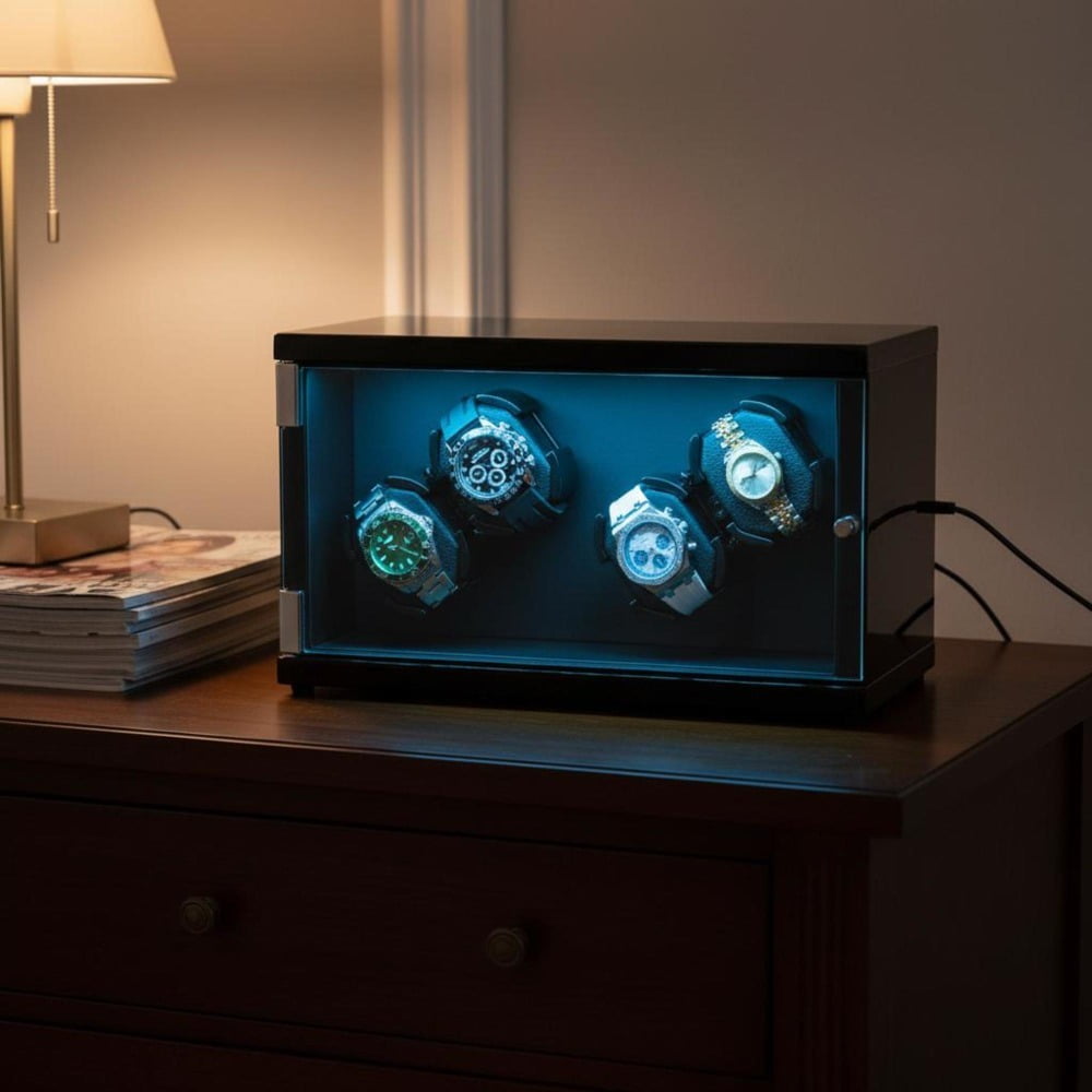 Watch Winder, for 4 Automatic Watches, 2 Mabuchi Motors, Blue LED Light, Adapter, High-Density Board Shell