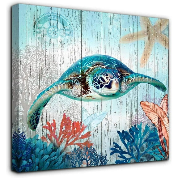 Bathroom Decor Sea Turtle Canvas Wall Art Ocean Beach Coast Theme Canvas Picture Artwork Ready to Hang for Home Kid Girls Room Bedroom Wall Decoration Size 14x14 Framed