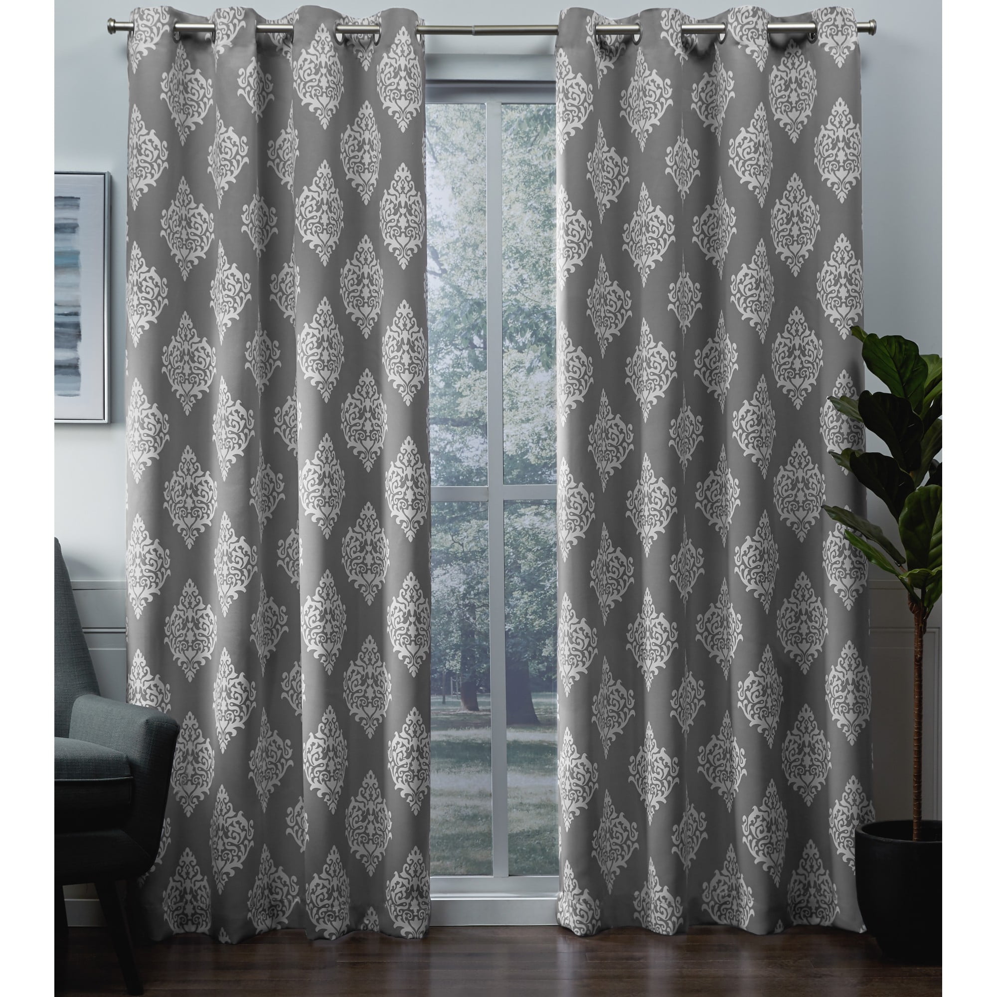 Grommet Window Curtain Panels 2 Set of Two Charcoal Gray with White Medallion 