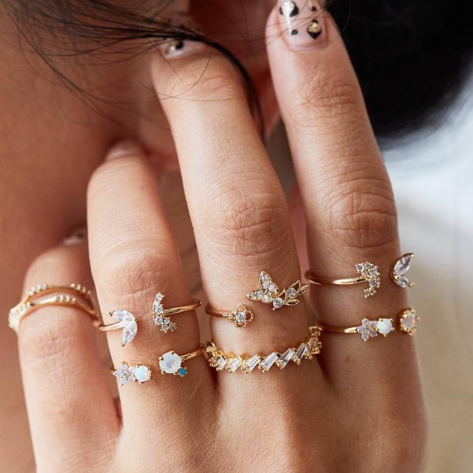 6pcs/set Women Rhinestone Jewelry Boho Midi Knuckle Moon Star Finger Ring Set