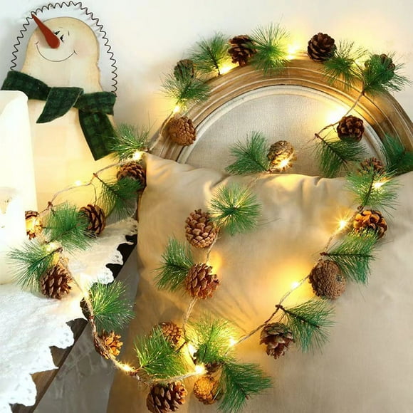 Christmas Garland with Lights, 2 Meters Christmas Lights Battery Operated, Christmas Fireplace Decorations, Light up Garland with Pine Cone Berry, Garland for Staircase Pine Needles + Pine Cones