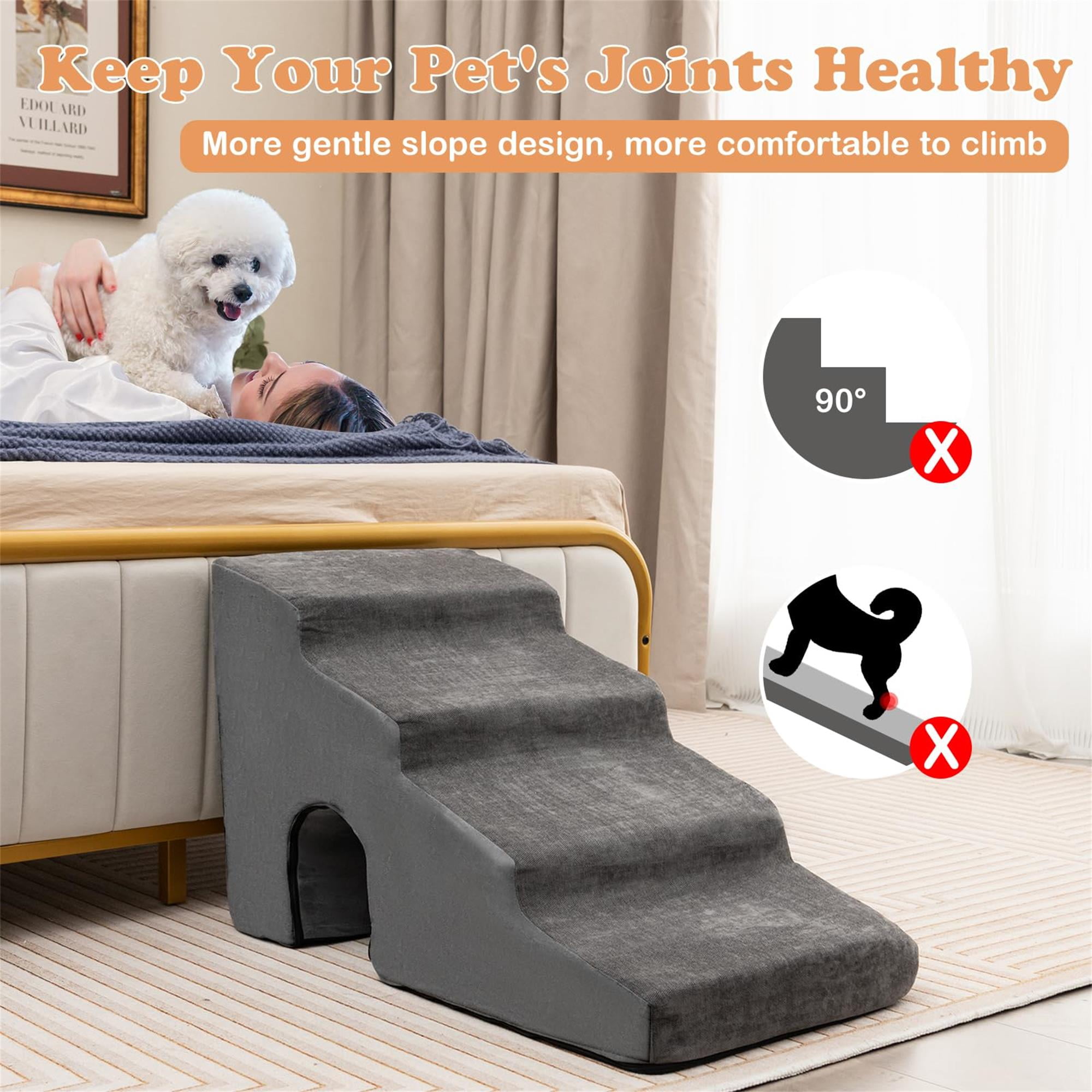 Kadyn 27" Dog Stairs for Small Pets with High-Density Sponge and Silicone Paw Prints, 4-Step Dog Ramp for Beds and Couch, Gray