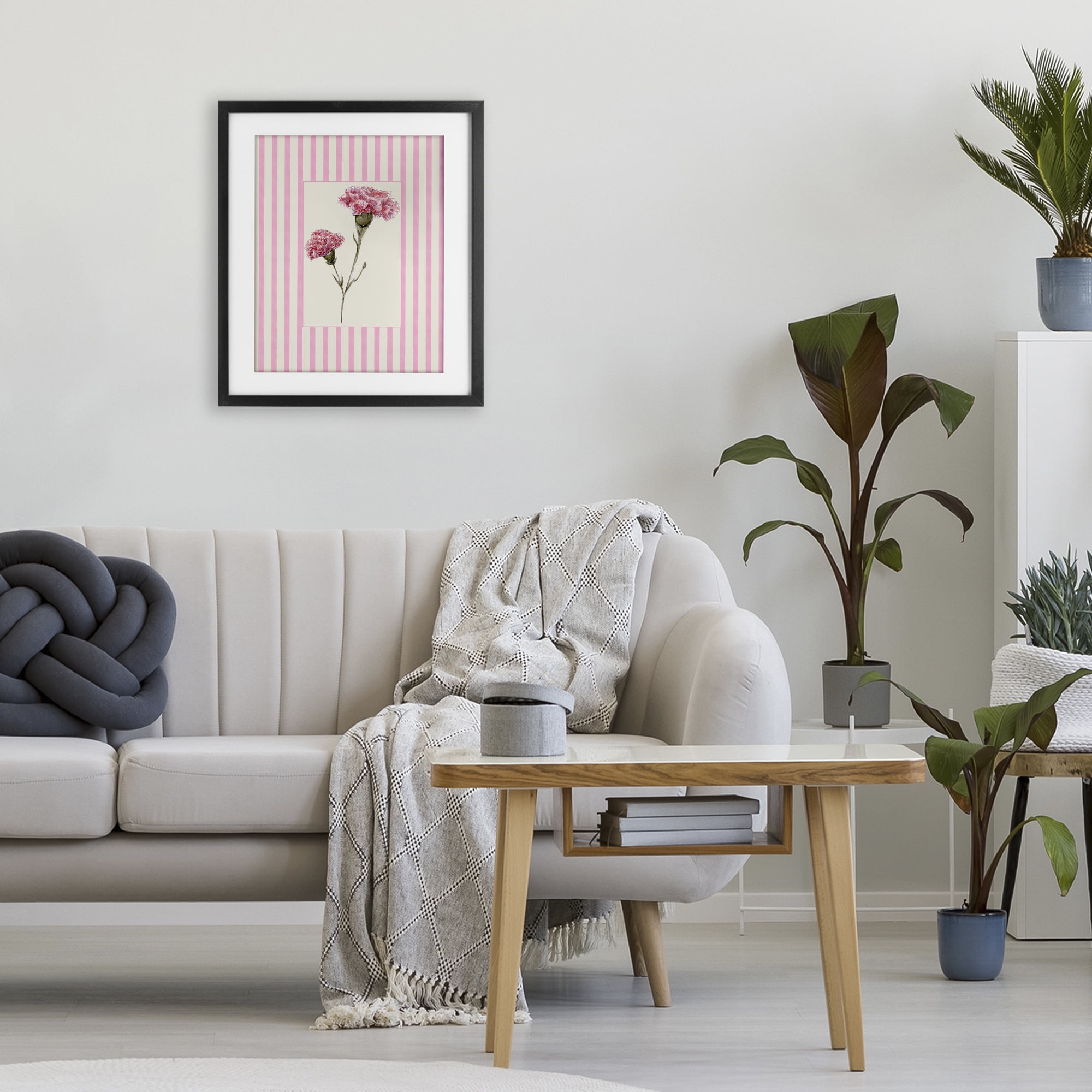 Pink Stripe Carnation Black Framed Print Under Glass, design by Lisa Wehmeyer