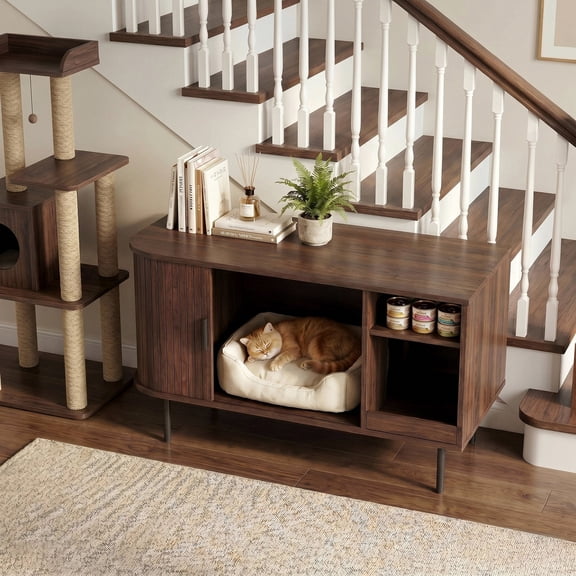 Naipo 37.4-inch Cat Litter Box Enclosure with Litter Mat&Sliding Door,2-in-1 Hidden Cat Litter Furniture with Storage Compartment,Walnut