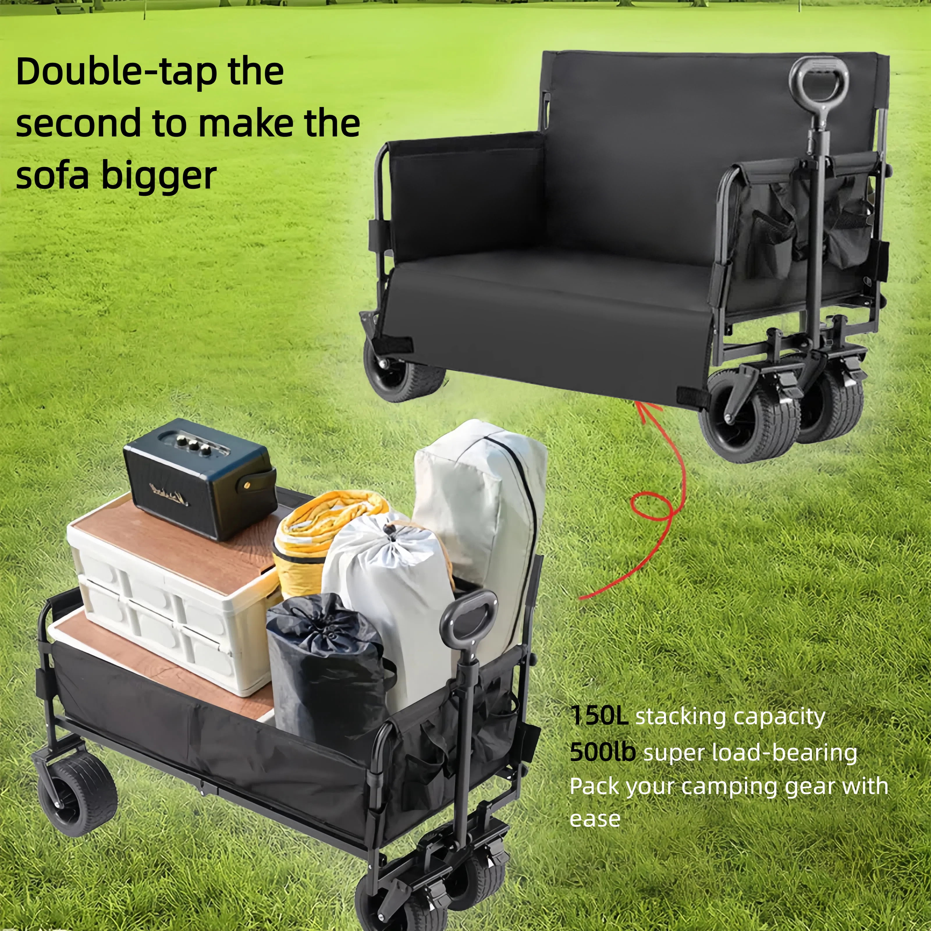Wagon Cart, Collapsible Wagon,Sports Wagon with seats  Sofa cart & Cup Holders, 445 lbs Capacity, for Garden/Camping Use,Black