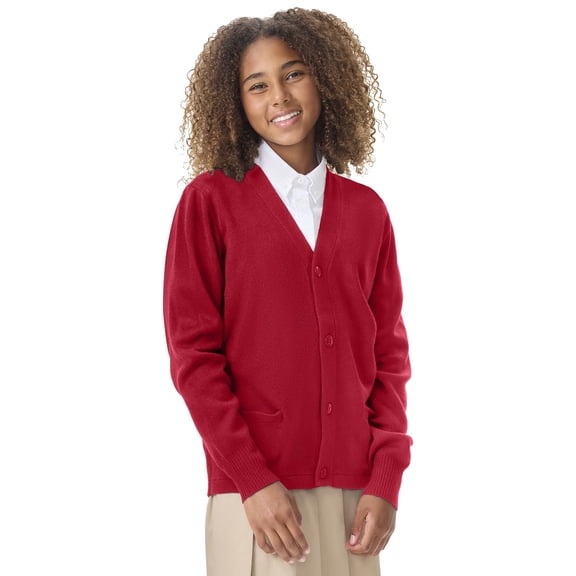 Classroom Uniform V- Neck Cardigan Sweater for Girls & Boys with 2 Pockets 56434, S, Red