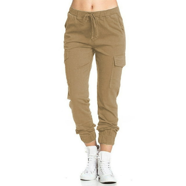 Innerwin Pantalons Cargo avec Poches Bas pour Femmes Plage Jambe Droite Pantalon Boho Kaki 4TG