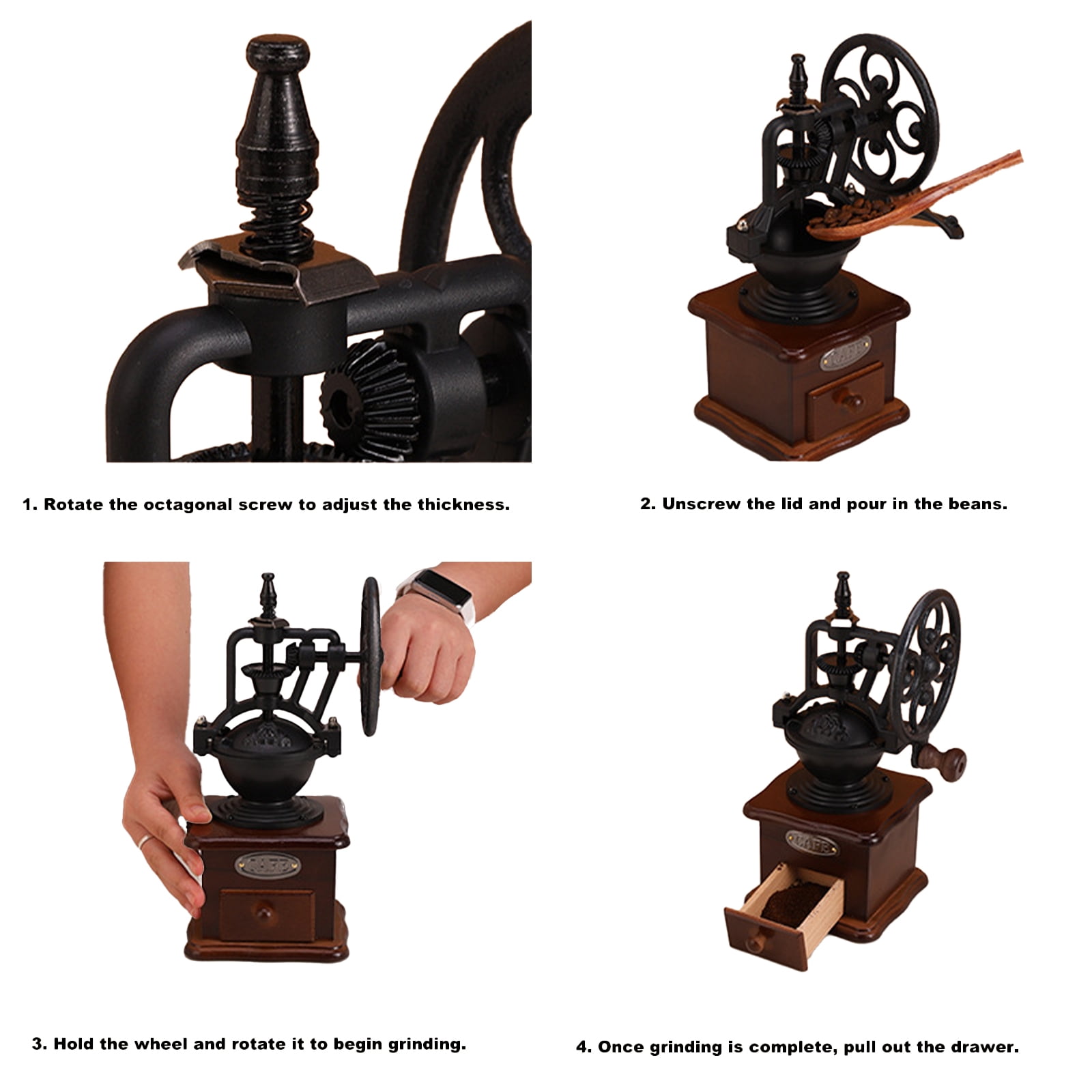 Vintage Wooden Manual Coffee Grinder, Hand Crank Burr Coffee Mill for Home, French Press, Espresso & Freshly Ground Beans, Retro Kitchen Decor