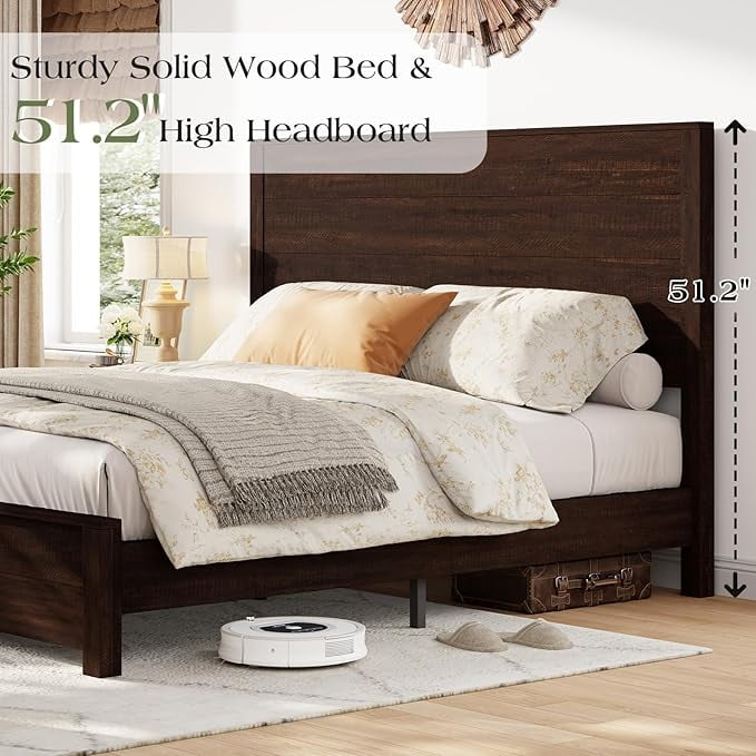 VanAcc Full Size Wood Platform Bed, Rustic Bed Frame with 51.2" Tall Slatted Headboard, Wooden Slats & Metal Support, Noise Free, Dark Brown