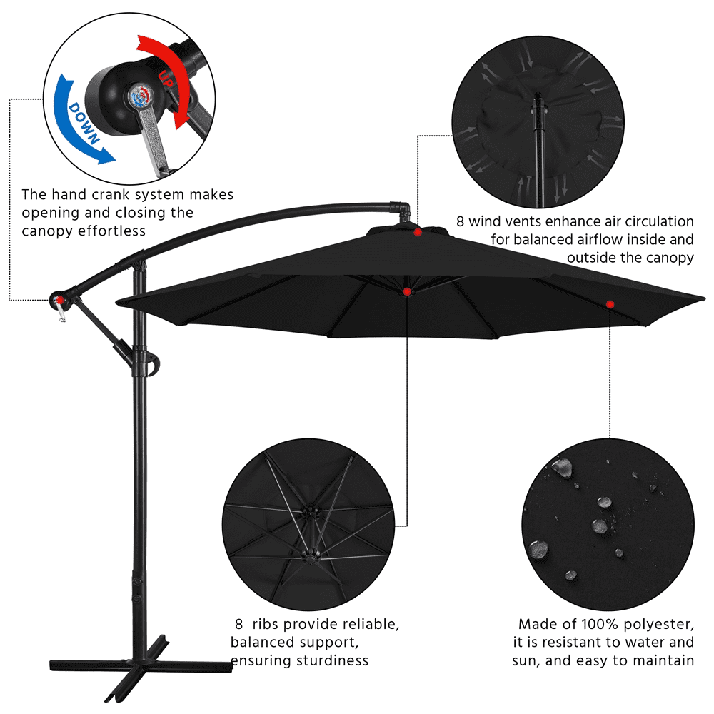 Renwick 10Ft Outdoor Patio Offset Umbrella with Crank & Cross Base, Black