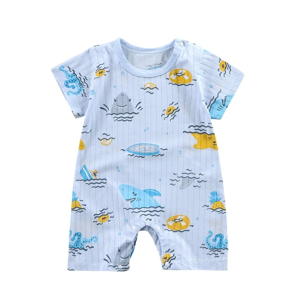 WRKEKC Baby Boy Rompers Short Sleeve Vertical Stripe Space Print Snap Button One Piece Outfit for Infants 3-12 Months