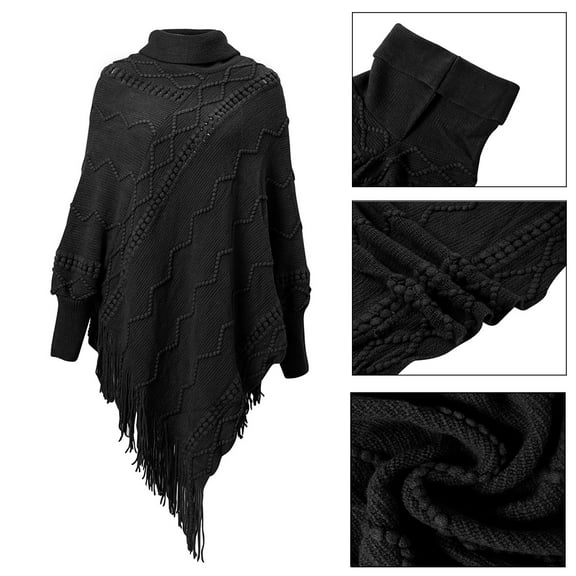 Shawl Collar Long Sleeve Womens Pullover Sweater Turtleneck Poncho Sweater with Fringes Hem for Women
