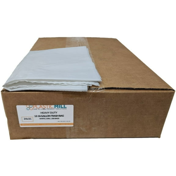 PlasticMill 12-16 Gallon, White, 1 MIL, 24x31, 250/Case, Garbage Bags/ Trash Can Liners.