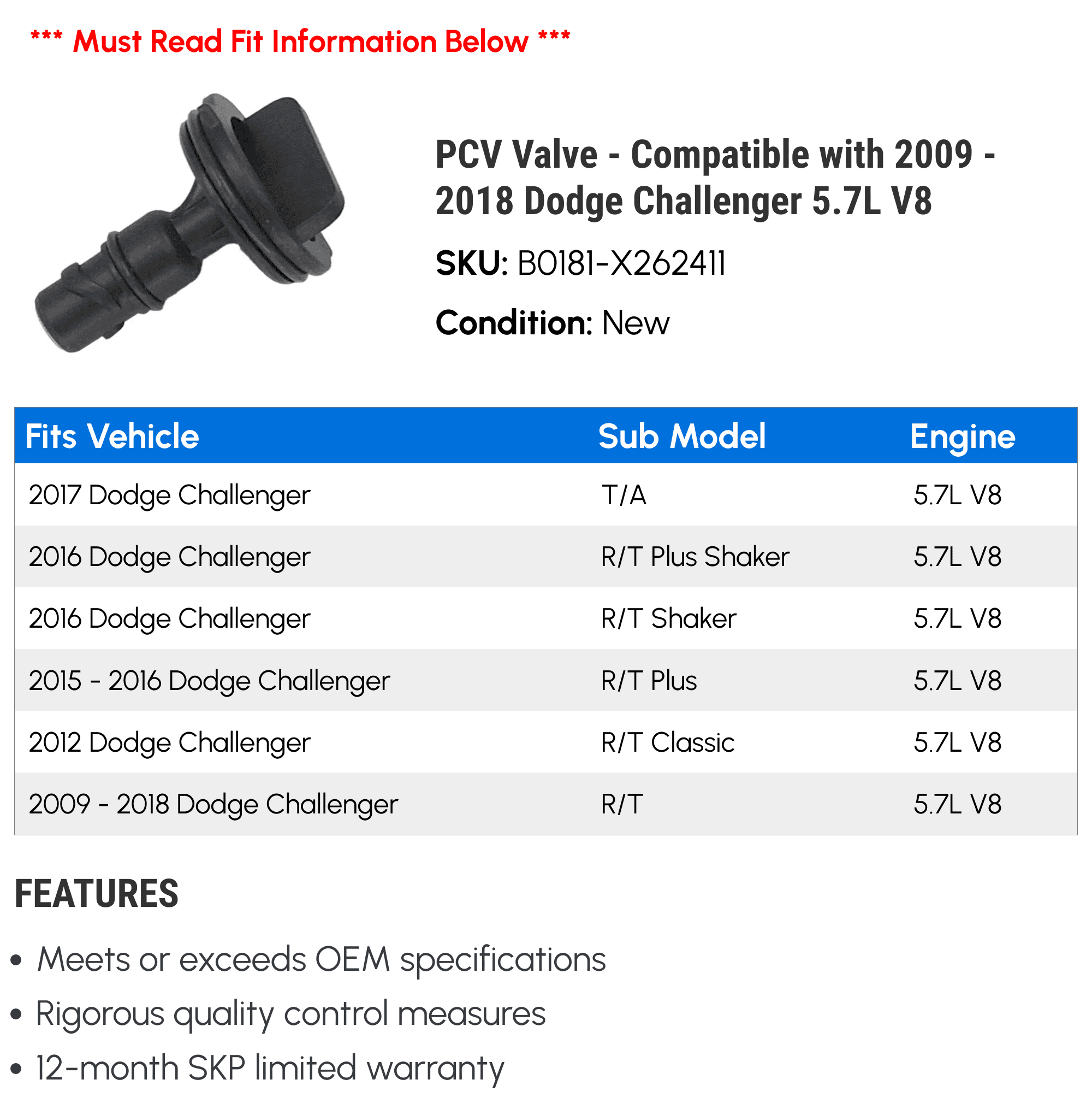 PCV Valve - Compatible with 2009 - 2018 Dodge Challenger 5.7L V8 2010 2011 2012 2013 2014 2015 2016 2017