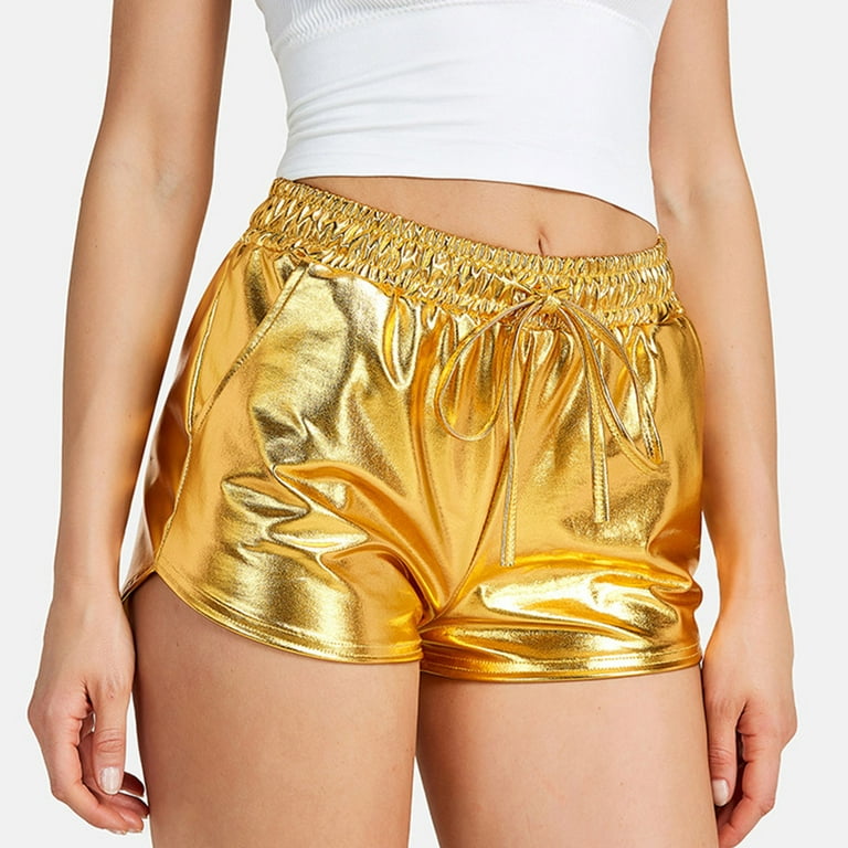 JWZUY Women's Metallic Shiny Shorts Sparkly Rave Hot Short Pants Casual  Clubwear Shorts Gold S