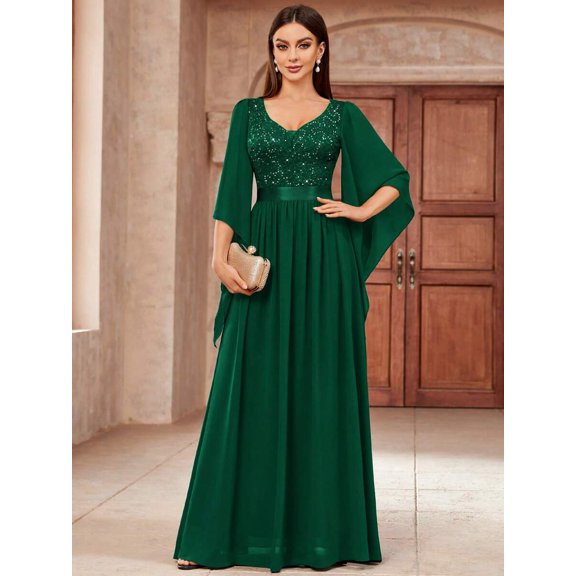 Dark Green V-Neck Sequin Lace Insert Flowing Chiffon Maxi Dress