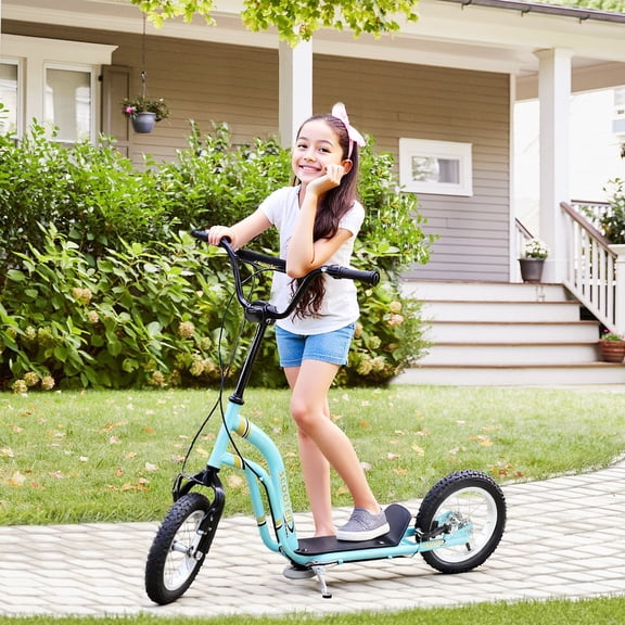 Aosom Kids and Teens Ride on Kick Scooter with Adjustable Handlebar, Dual Brakes, and Inflatable Wheels for Kids 5 , Black