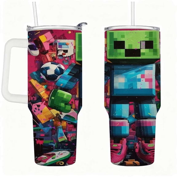 Pixel Style Character Tumbler with Handle, Lid & Straw, Insulated Stainless Steel Water Cup