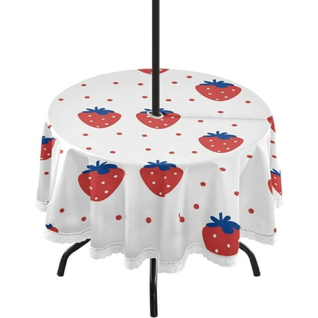 

SKYSONIC Cute Strawberry Red Point Round Tablecloth 60In Waterproof Table Cover with Umbrella Hole and Zipper Party Patio Table Covers for Indoor & Outdoor Backyard /BBQ/Picnic