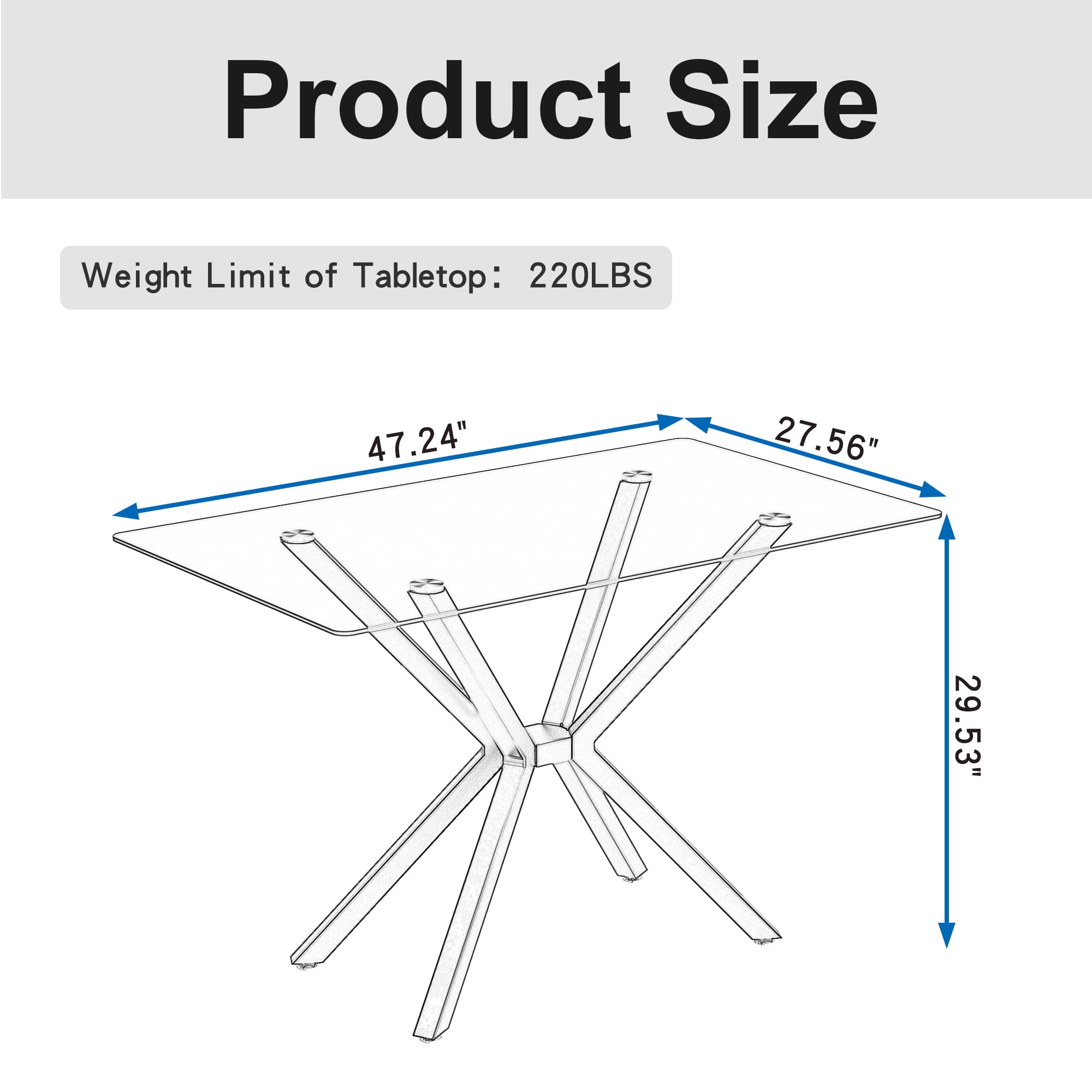 Miniyam 47" Modern Glass Dining Table for 4, Rectangular Tempered Glass Top with Metal Legs, Black