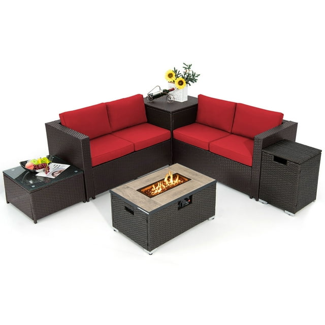 Gymax Ensemble de Canapé de Patio 6 Pcs et Table à Feu, Ensemble de Canapé Sectionnel d'Extérieur en Rotin avec Coffre de Rangement, Rouge