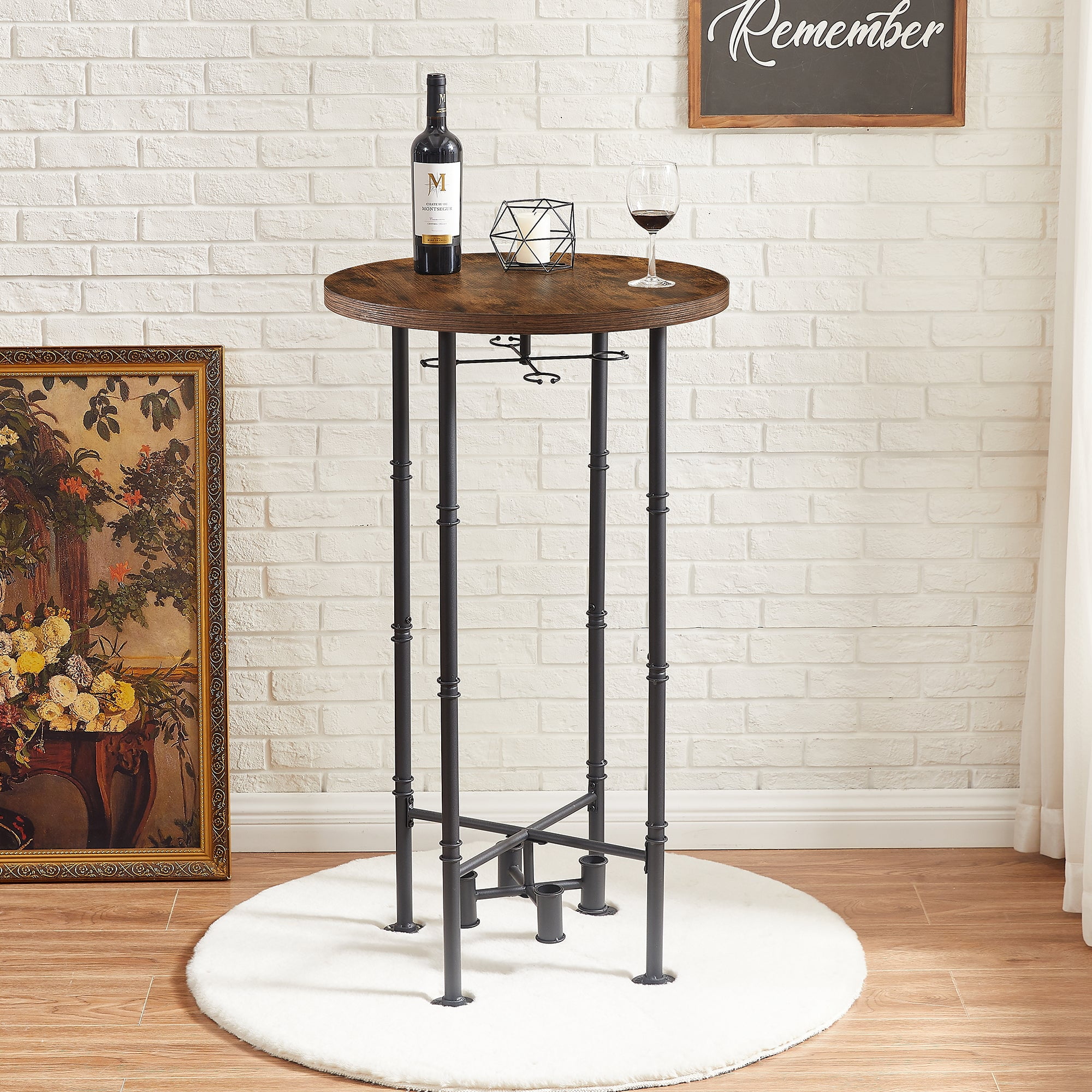 VECELO 23.6" Round Bar Table With Wine Bottle/Glass Rack, Wood Top