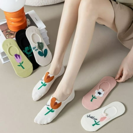

Opolski 1 Pair Women Socks Anti Skid High Elasticity Short Tube Anti-pilling No Odor Thin One Size Flower Print Invisible Lady Socks for Daily Wear