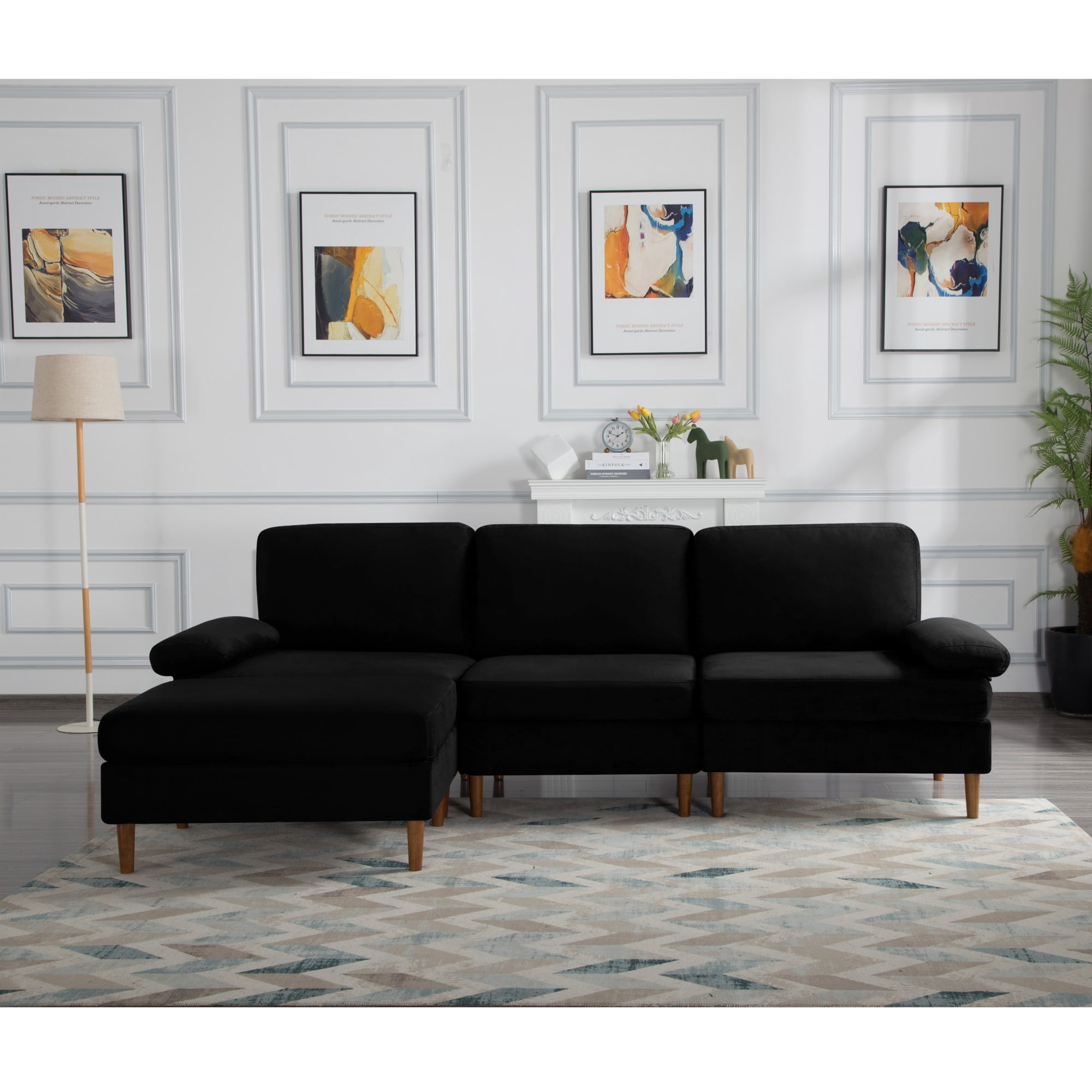Gewnee Sectional Sofa with Movable Ottoman, 4-Piece Reversible Velvet Couch- Solid Wood+Metal Frame, Non-Slip Leg Pads, for Living Room/Apartment/Office