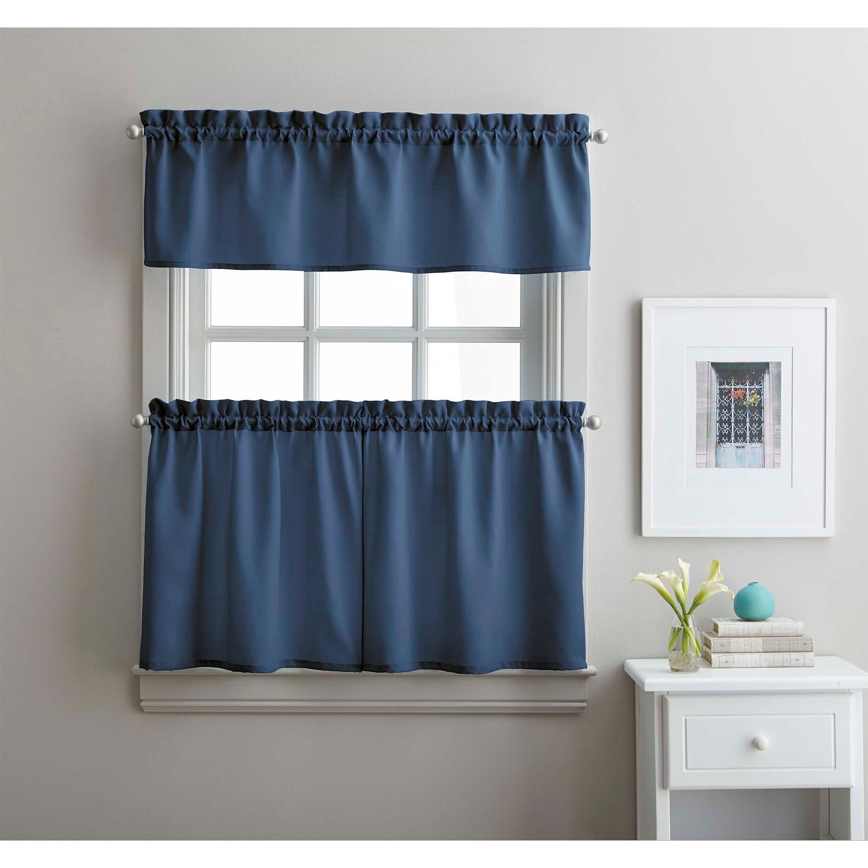 Curtainworks Solid Twill 3-Piece Kitchen Curtain Valance & Tier Set, Indoor, 56"W x 36"L, Adult