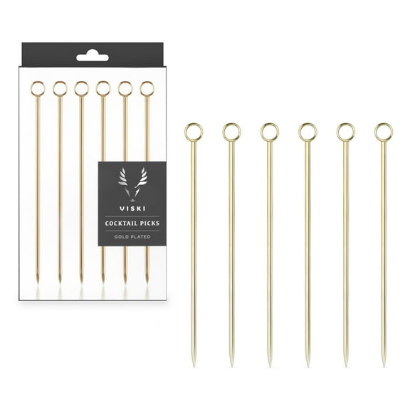 Viski Stainless Steel Cocktail Picks for Olives, Cherries, Set of 6 Gold